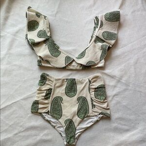Johana Ortiz Paisley Cream & Olive Ruffle Bikini Set Small